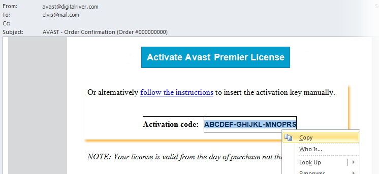 free avast activation code list